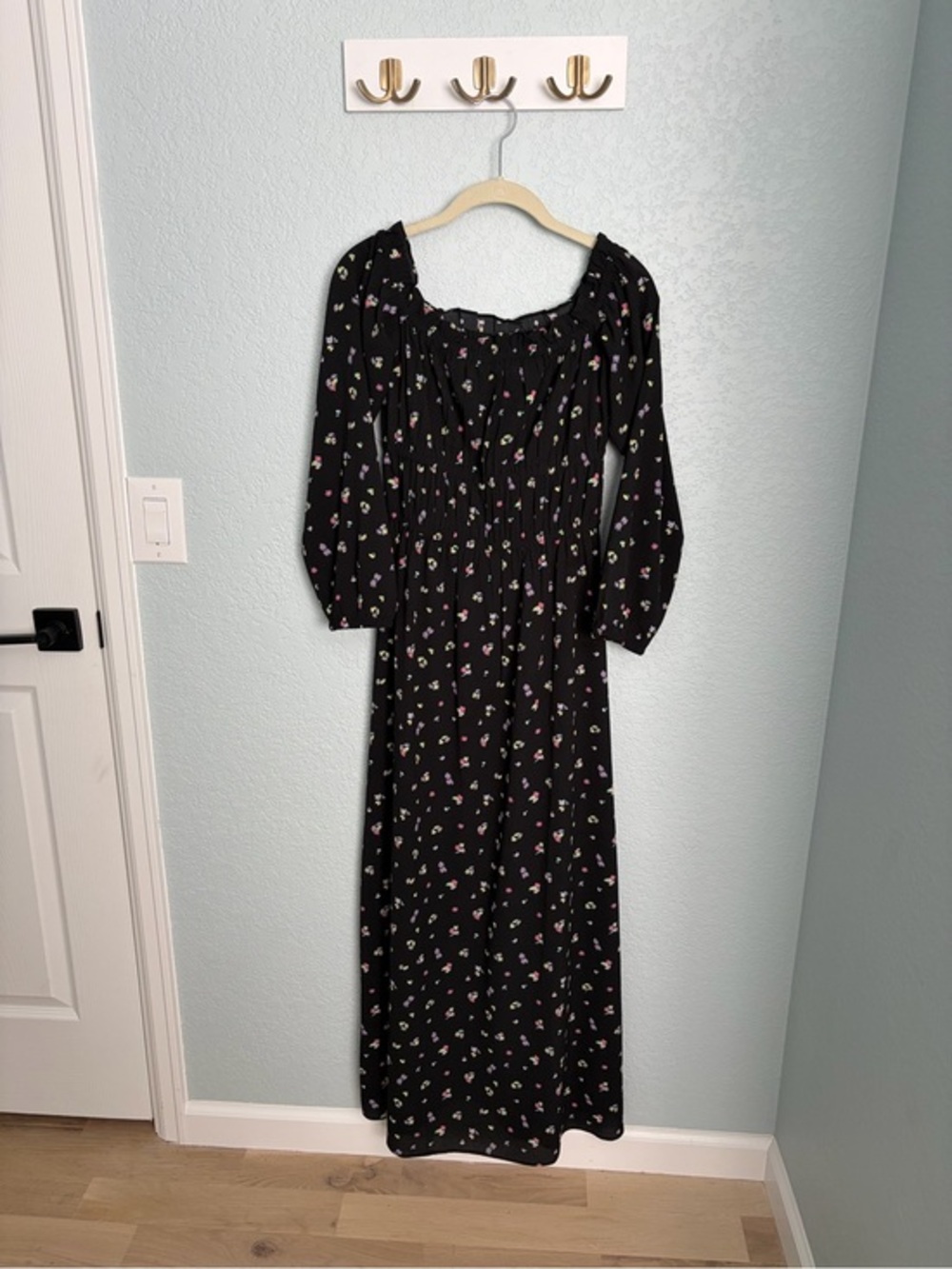 H&M Black Floral Smocked Maxi Dress with Puff Sleeves